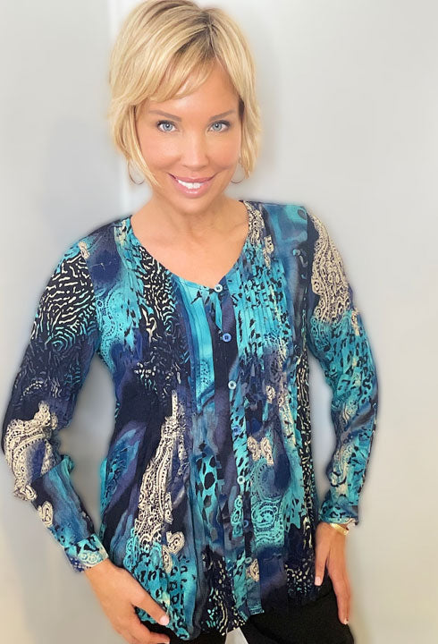 Turquoise Mix V-Neck Long Sleeve Top by Ethyl