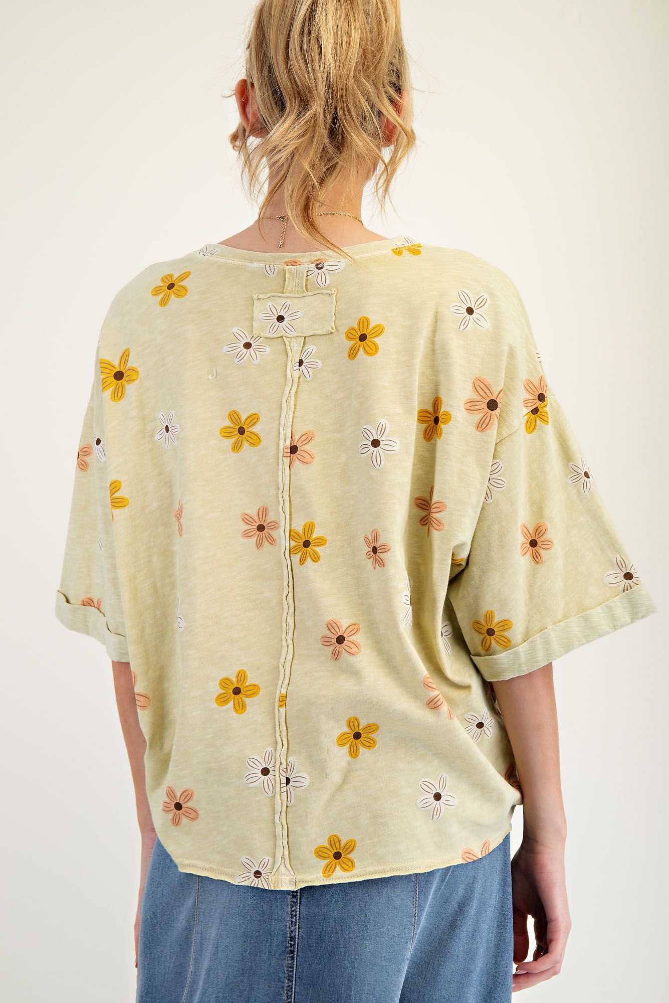 Sage Flower Printed Mineral Washed Top