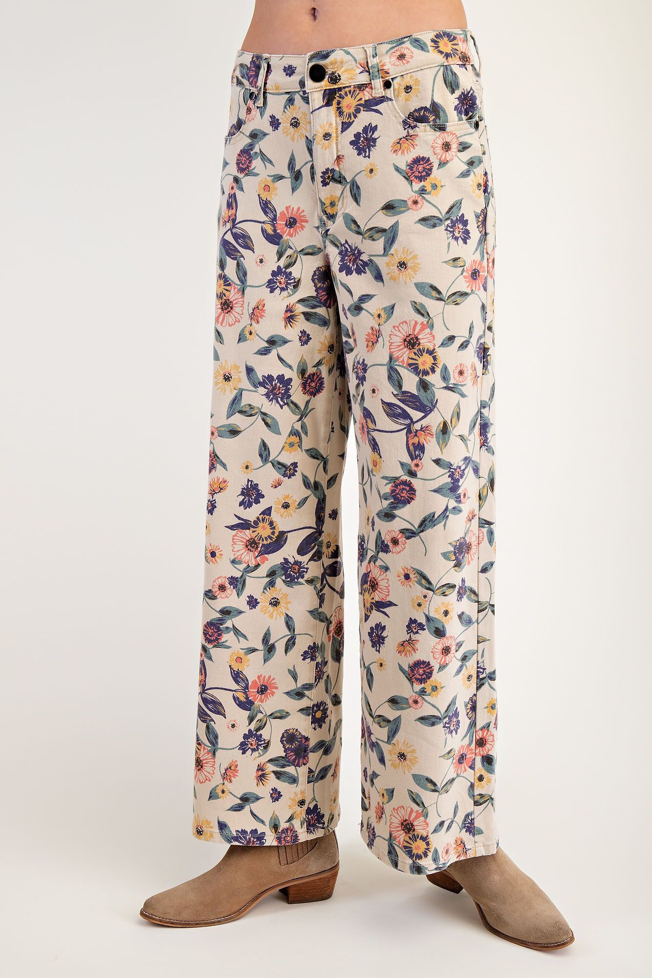 Light Khaki Washed Floral Print Denim Twill Pants