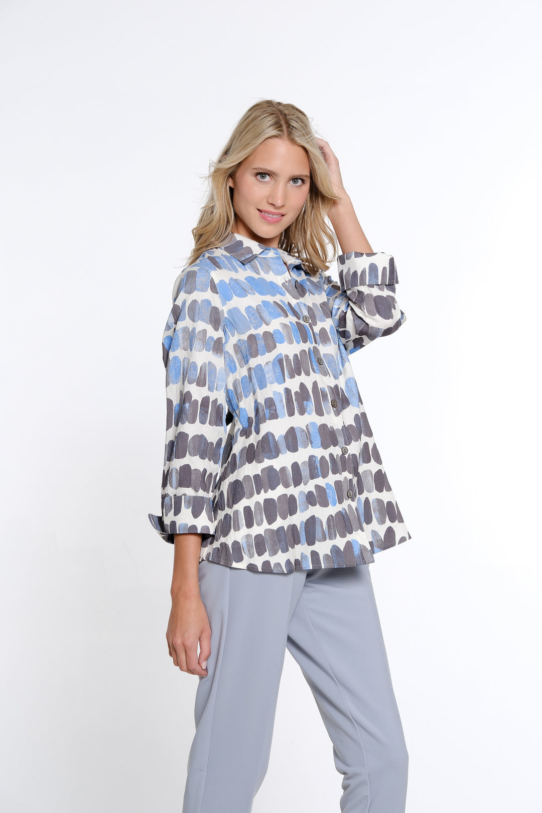 Women's Blue & Grey on White Button Up Shirt by Multiples