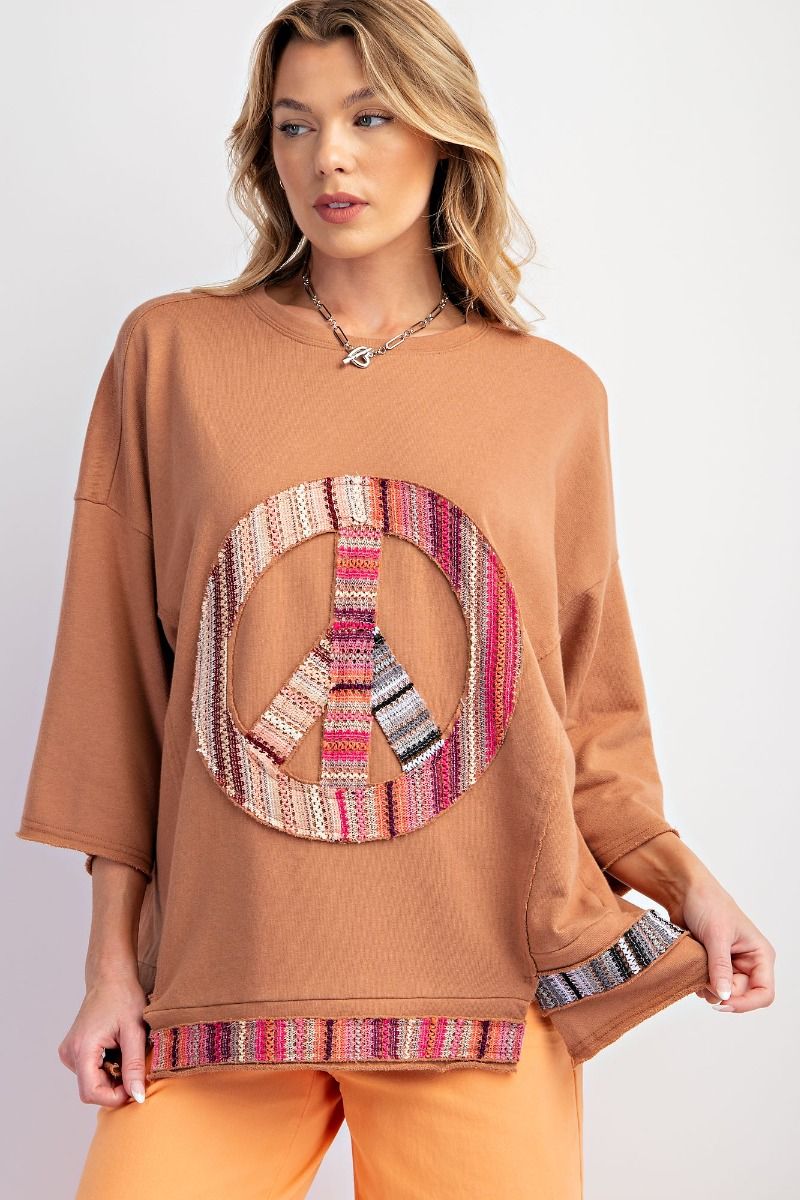 Camel Brown Peace Patch Knit Top