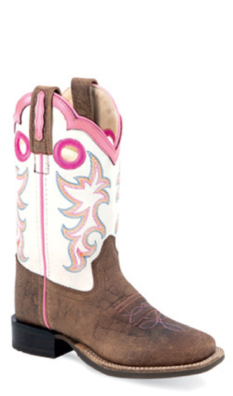 Old West Leather Square Toe Girls Boots/Brown-White-Pink