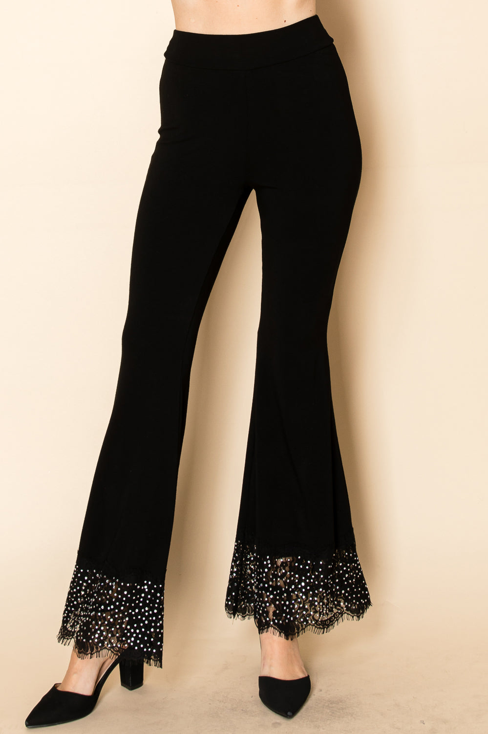 Black Flared Knit Pants with Lace & Crystal-Embellished Hem