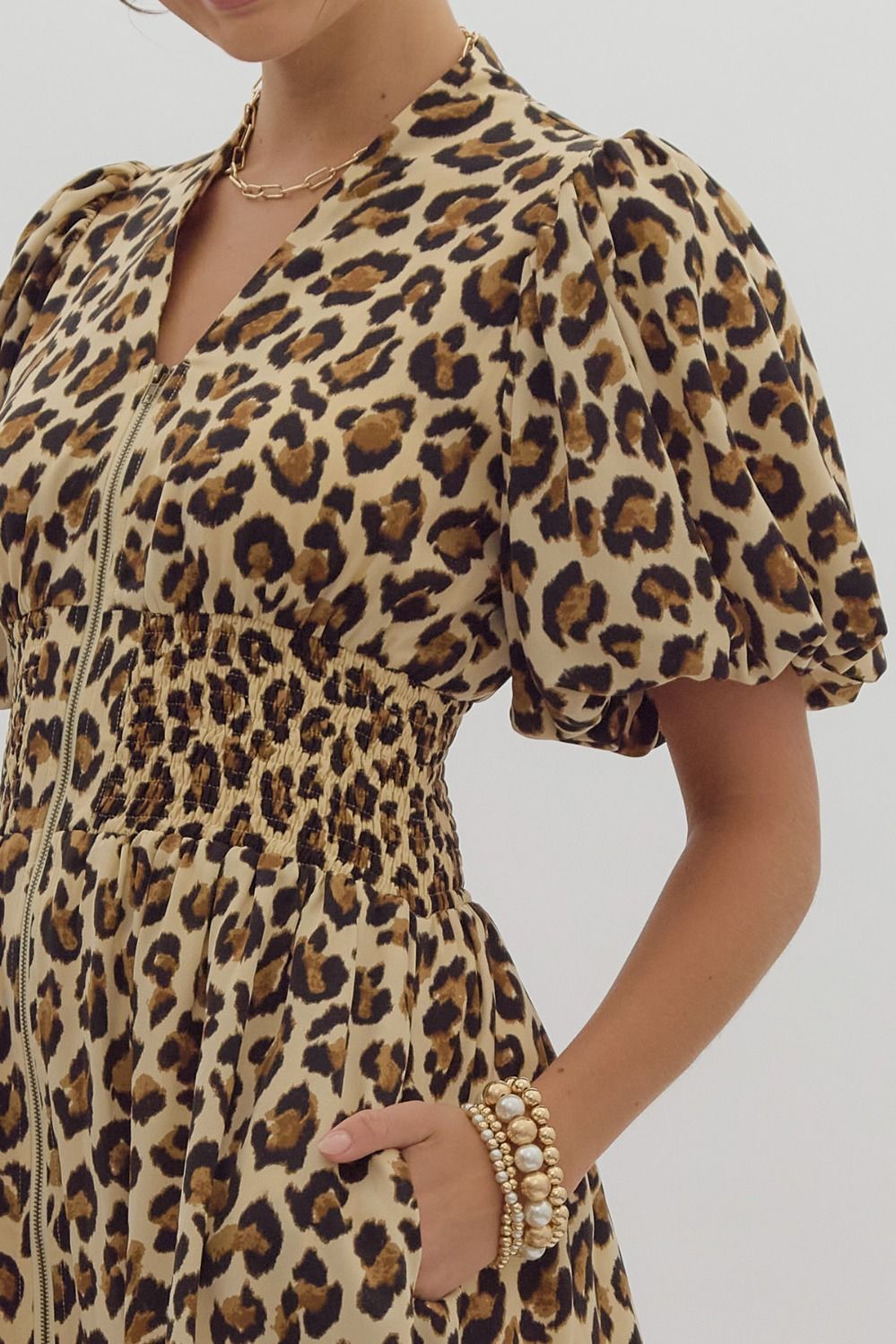 Zip Up Ecru Cheetah Print Midi Dress