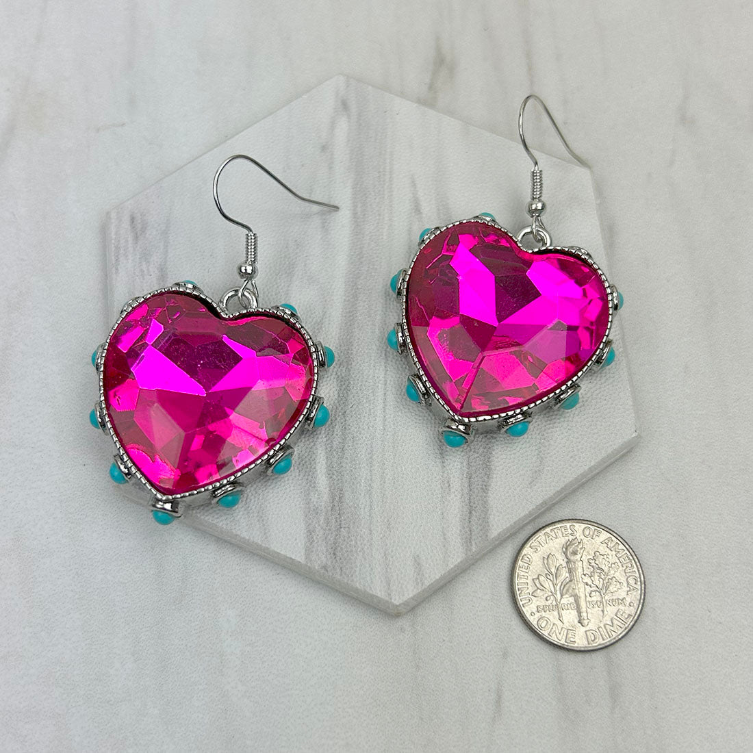 Hot Pink Crystal on Silver Heart Shaped Fashion Earrings/Turquoise Accents