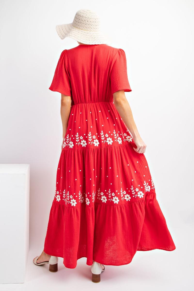 Red Maxi Dress w/ Embroidery Details