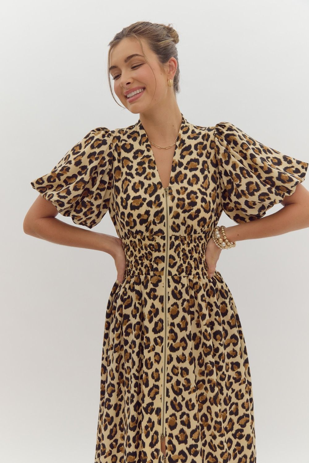 Zip Up Ecru Cheetah Print Midi Dress