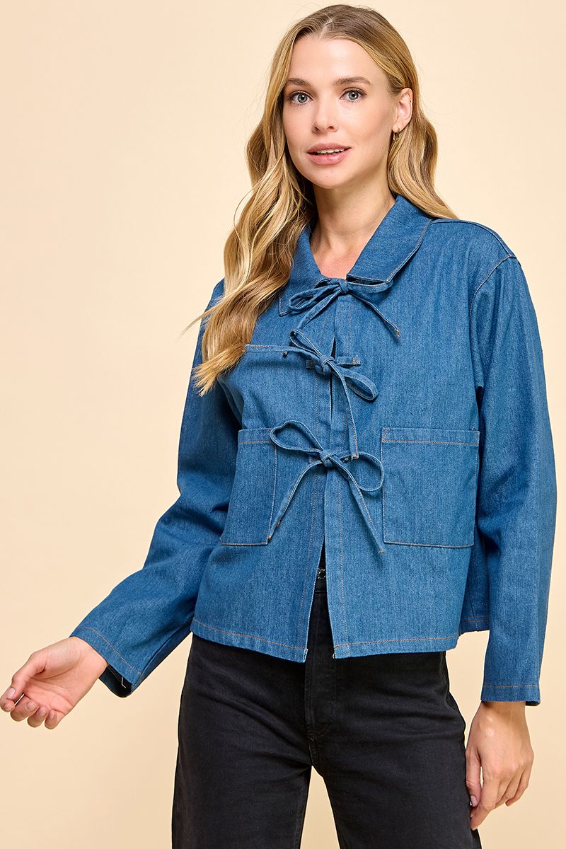 Chic Denim Collared Jacket with Bow Tie Detail