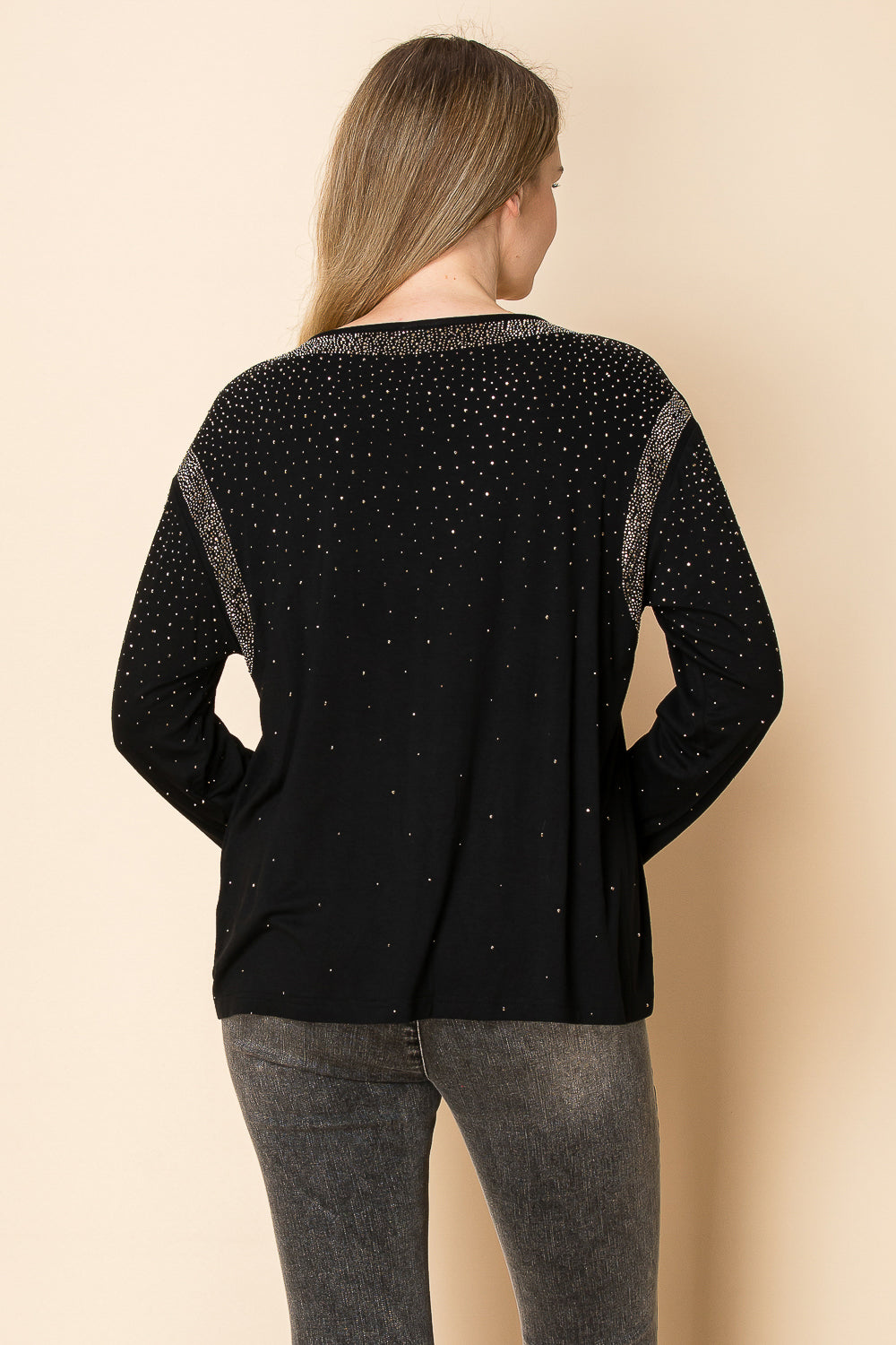 Black Long Sleeve V-Neck Top w/ Rhinestone Details