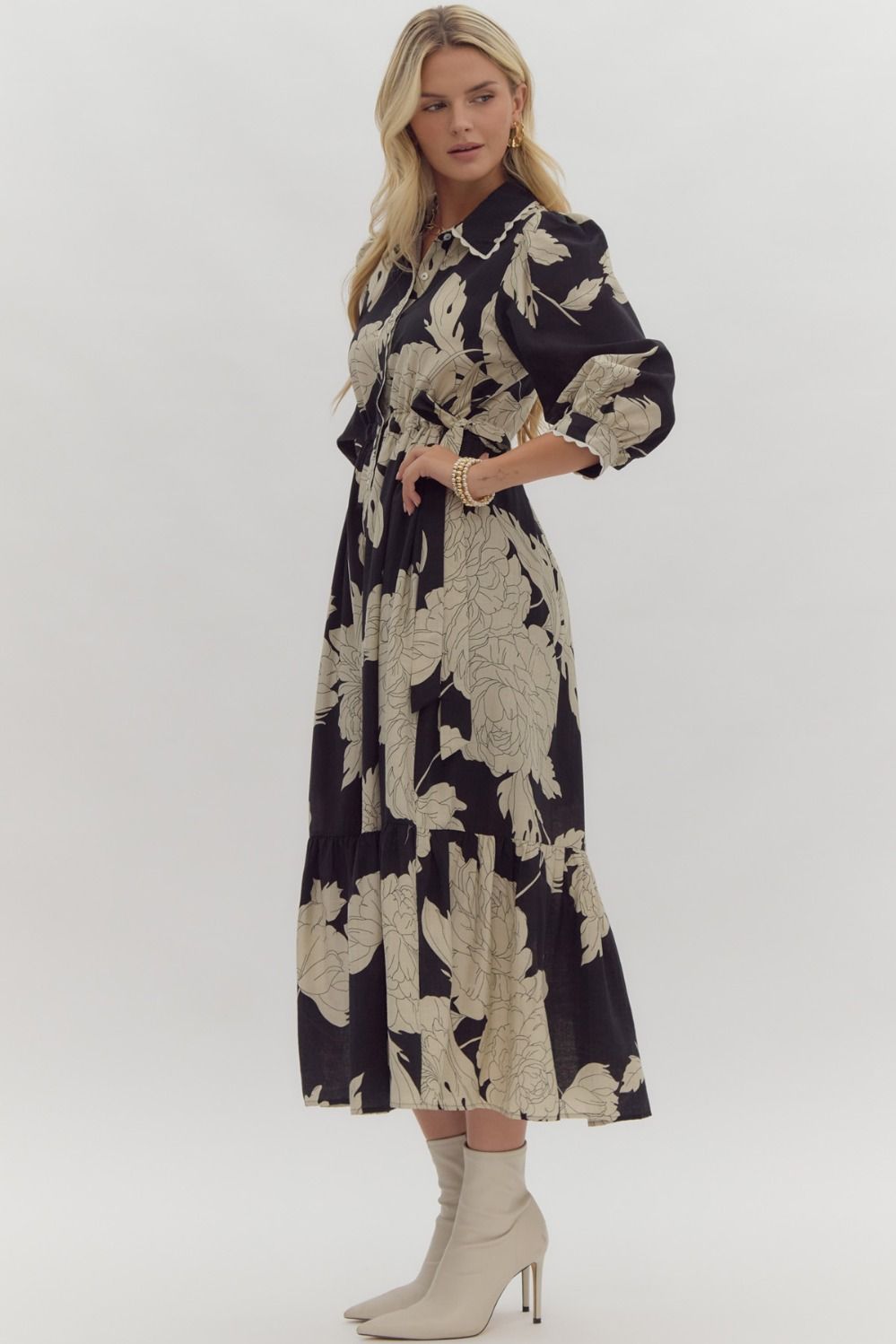 Black & Cream Floral Print Midi Dress