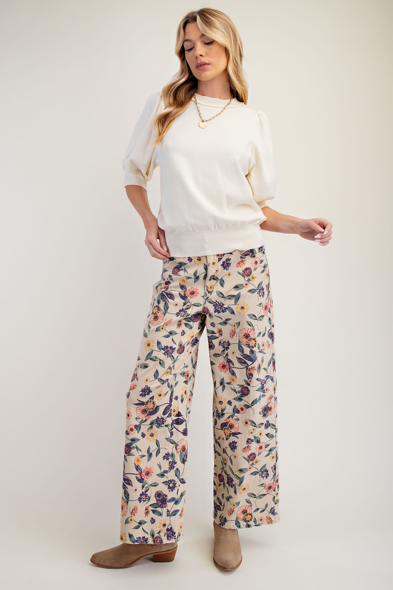 Light Khaki Washed Floral Print Denim Twill Pants