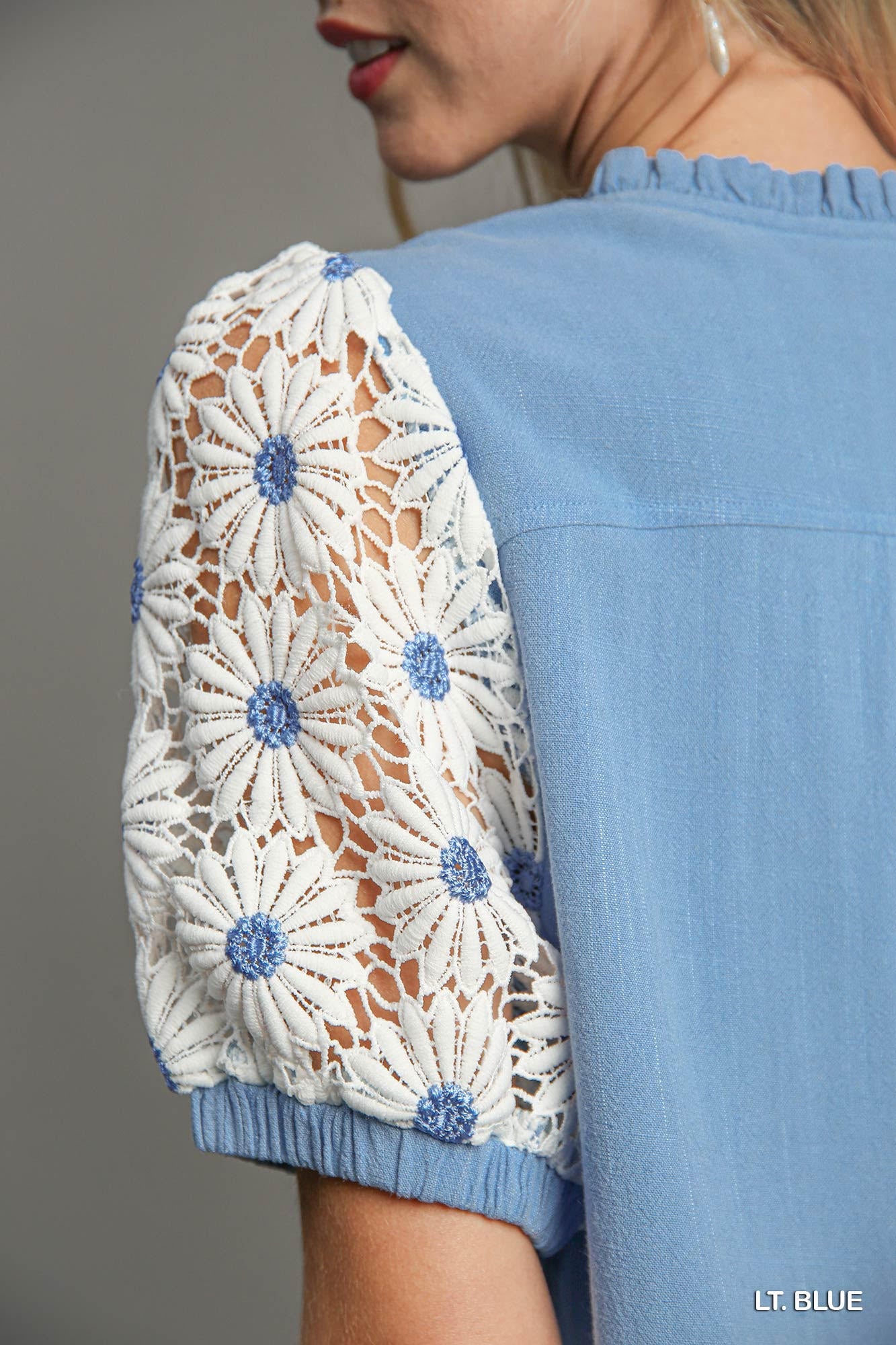 Country Blue Linen Blend Top w/ Embroidered Daisy Sleeves