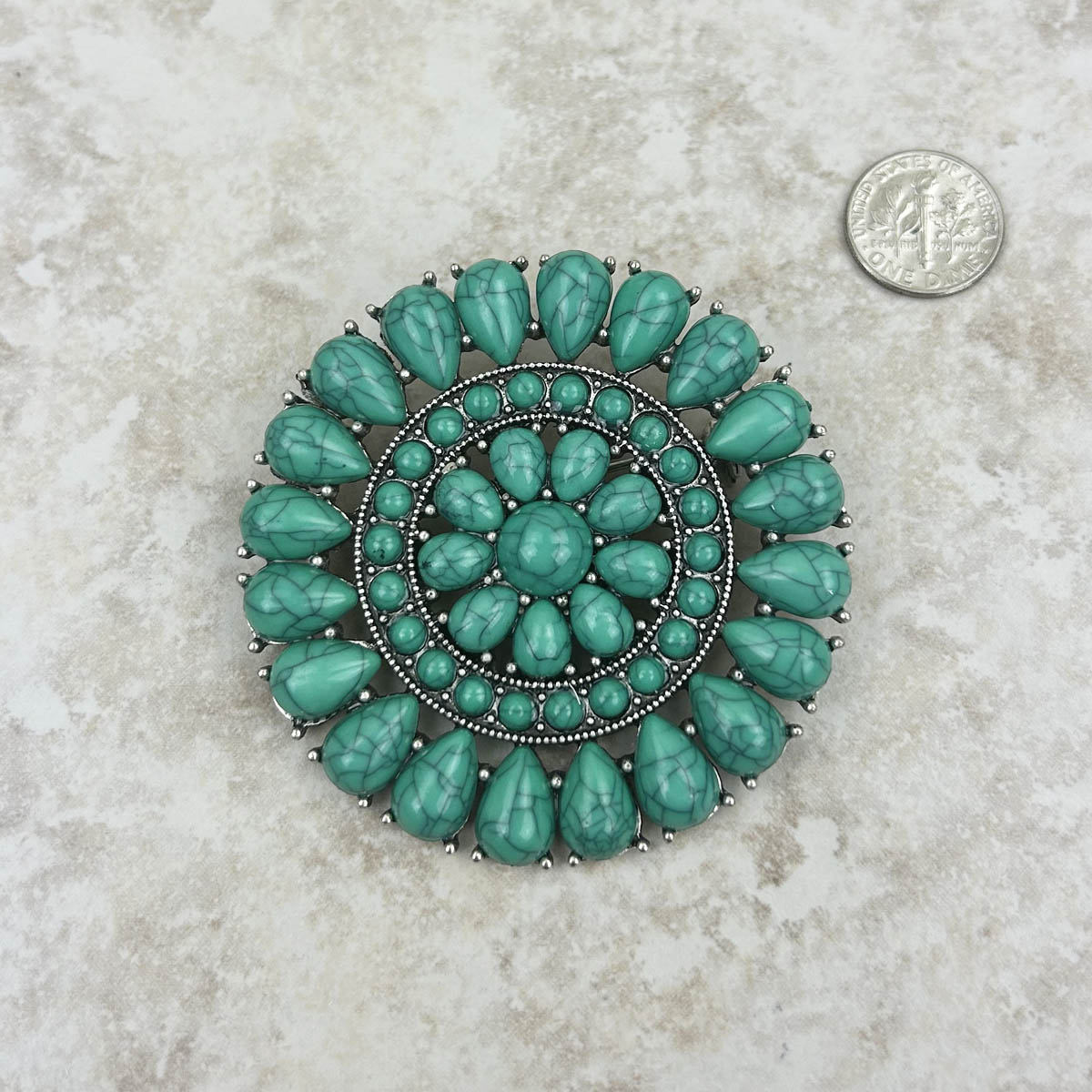 Green Faux Turquoise Large Flower Concho Brooch