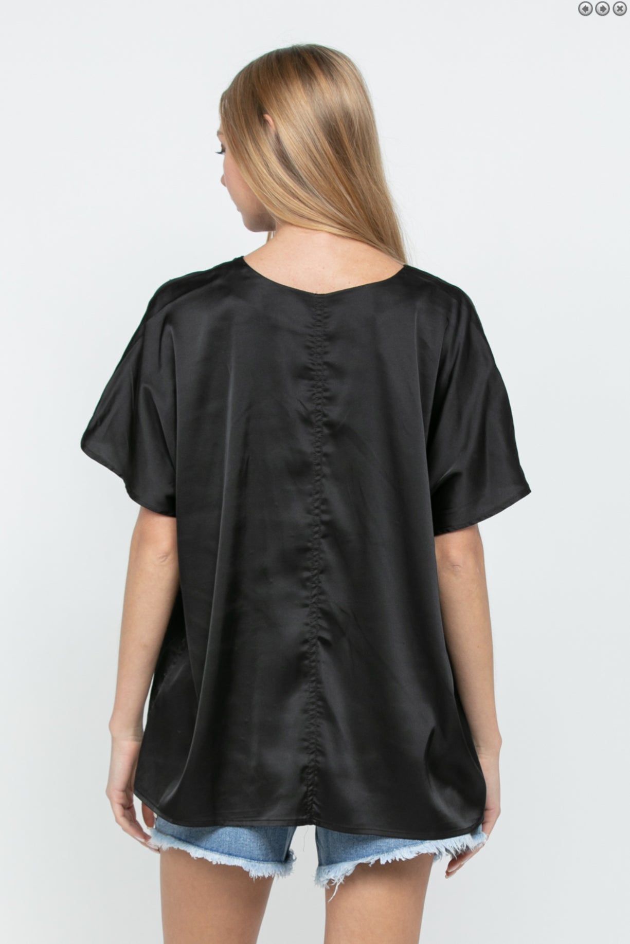 Black Satin Loose Fit Top w/ All Over Stones