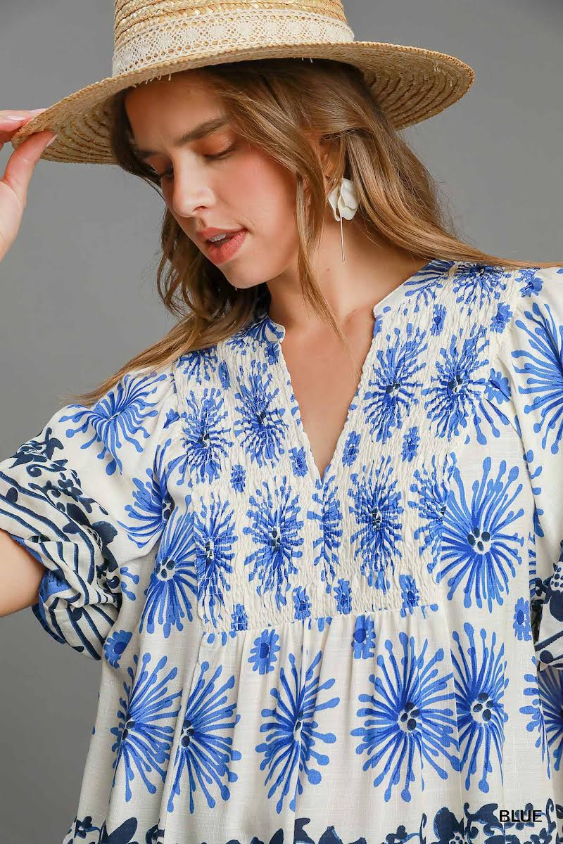 Blue Mixed Border Print Smocked Top