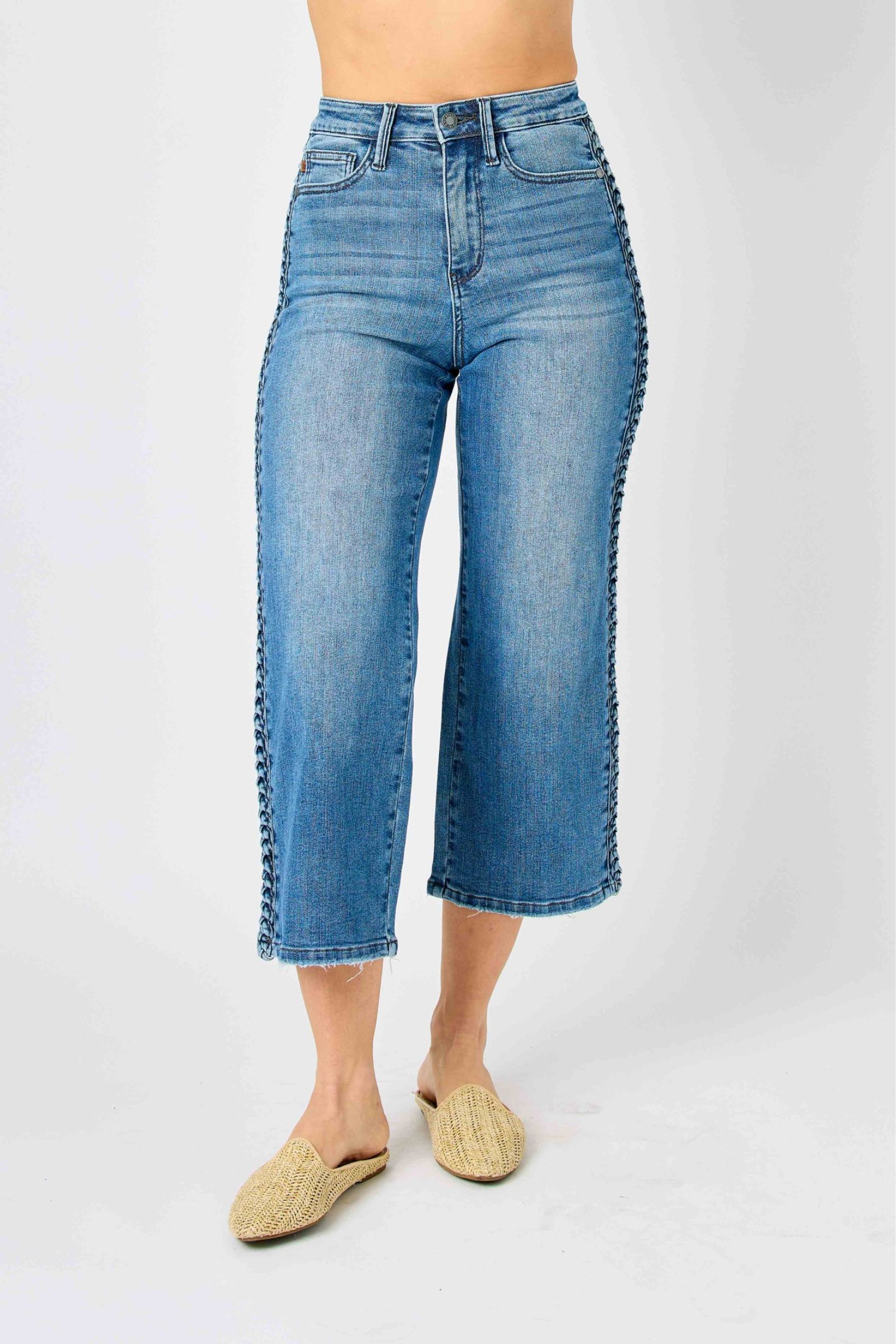 Judy Blue High Waisted Braid Detail Crop Wide Pant