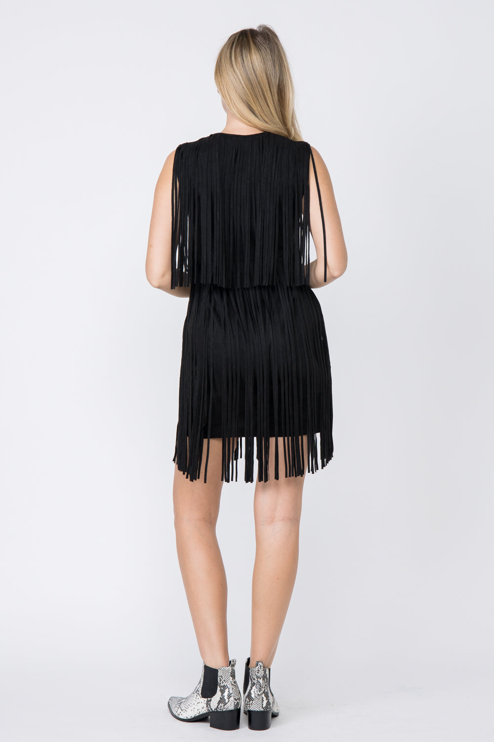 Black Faux Suede Sleeveless Fringed Mini Dress