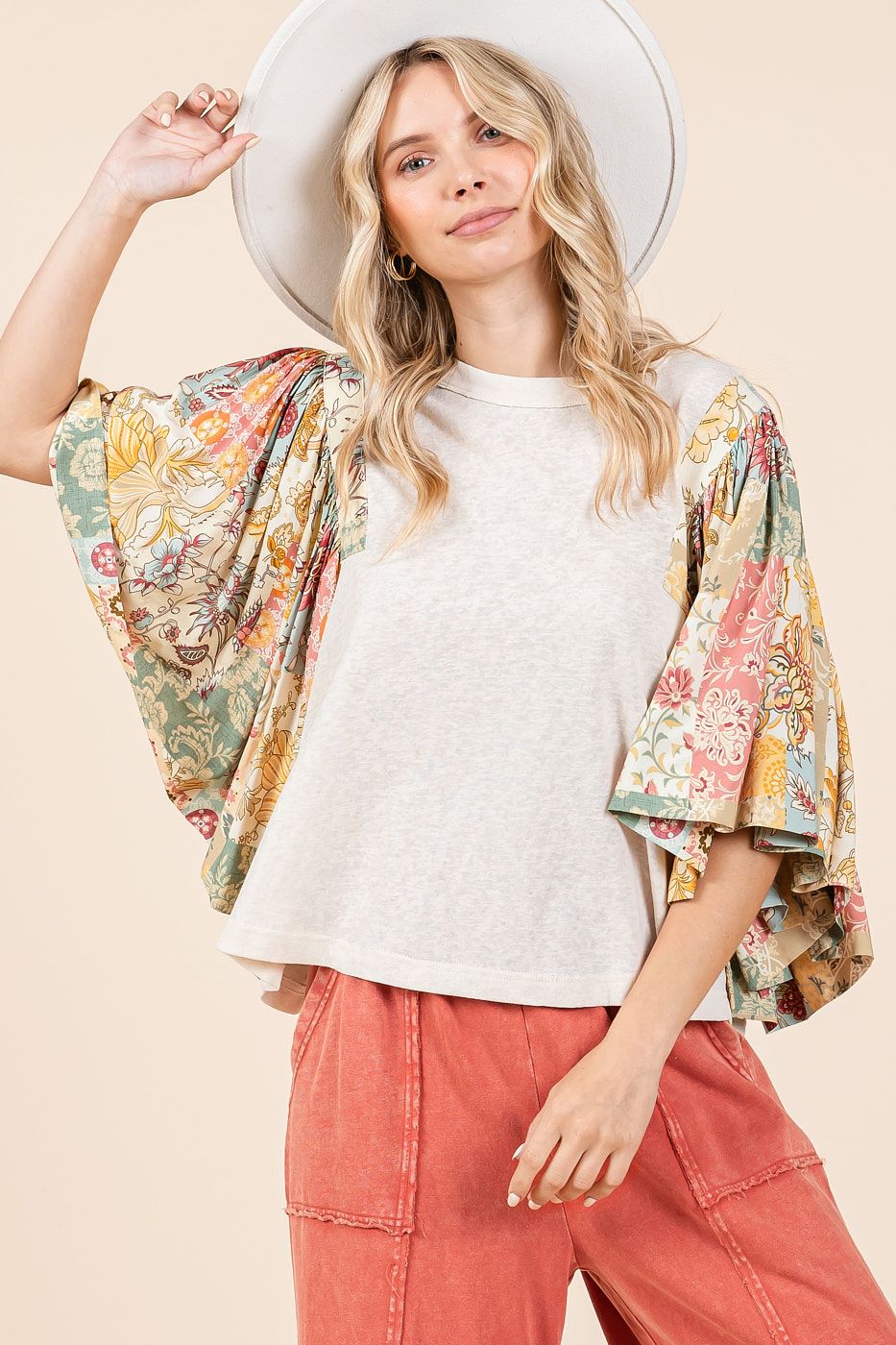 Floral Patchwork Print Ruffle Flutter Sleeve Top