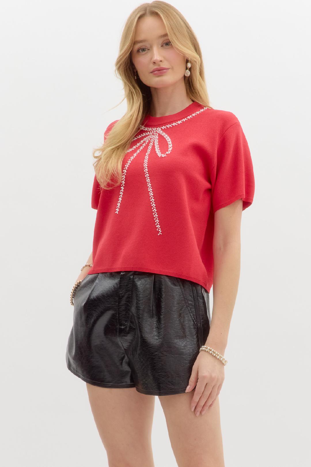 Bow Pearl Embellished Short Sleeve RED Knit Pullover