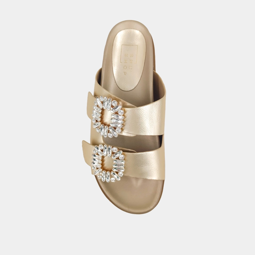 Gold Slip On Sandal w/ Crystal Buckle by Shushop