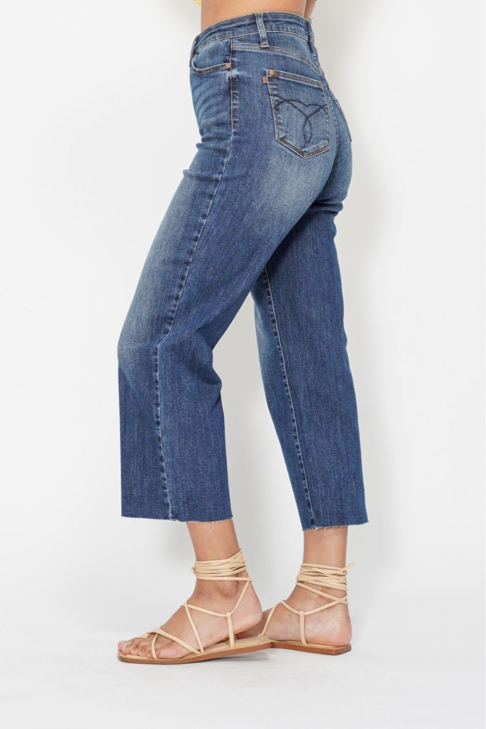 Judy Blue High Waist Crop Wide Jeans w/ Pocket Embroidery