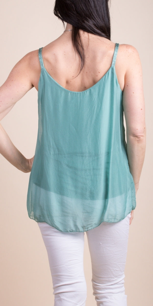 Lake Green Silk Tank w/ Metallic Thread Straps