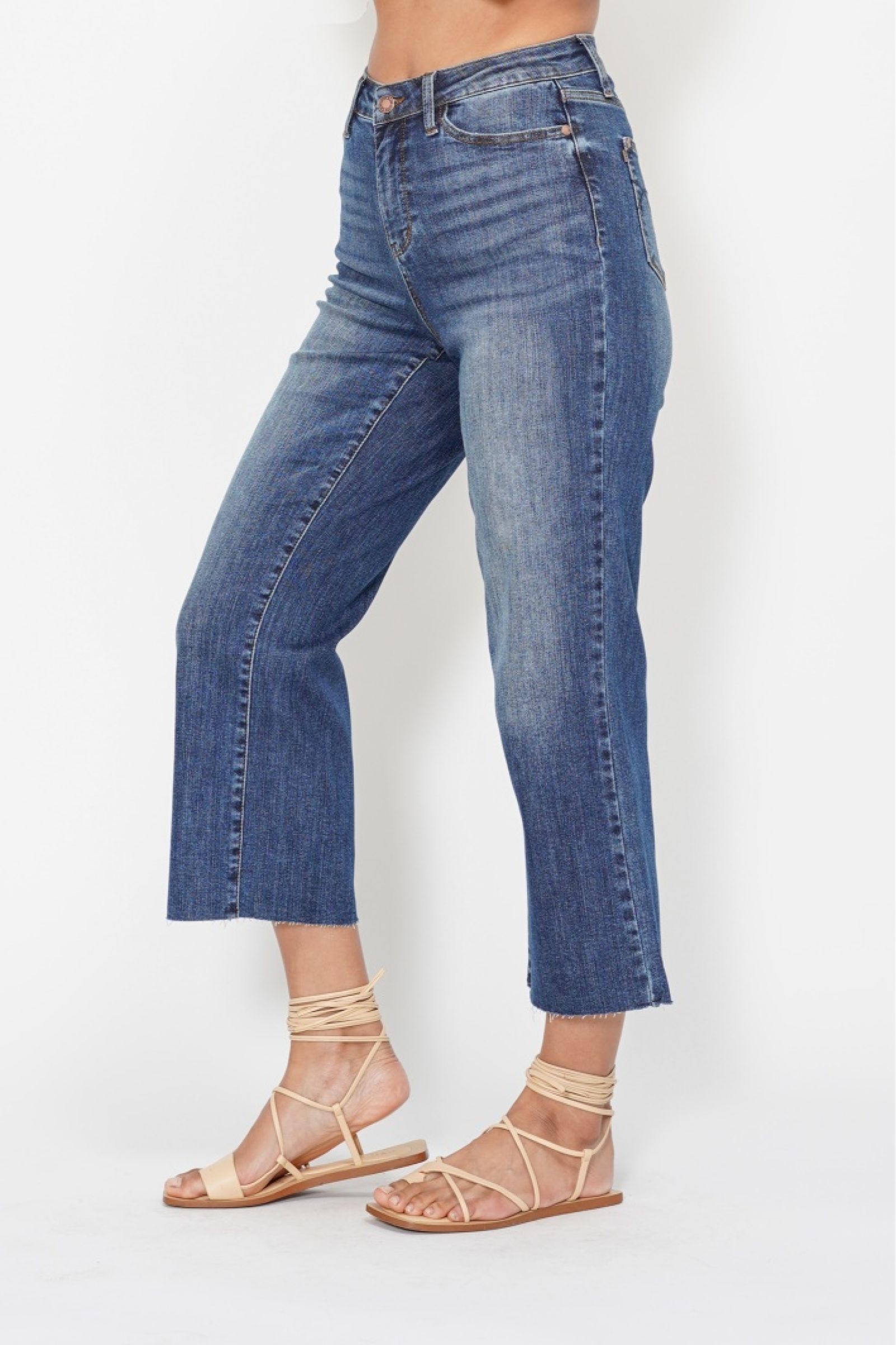 Judy Blue High Waist Crop Wide Jeans w/ Pocket Embroidery