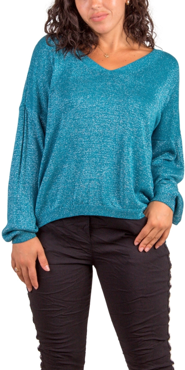 Shimmery Teal Lurex Knit Long Sleeve Top