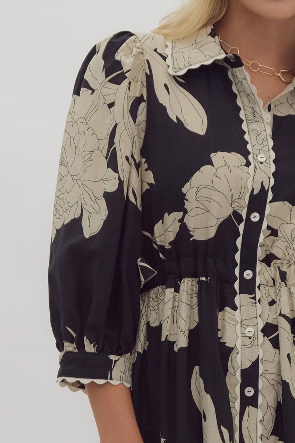 Black & Cream Floral Print Midi Dress