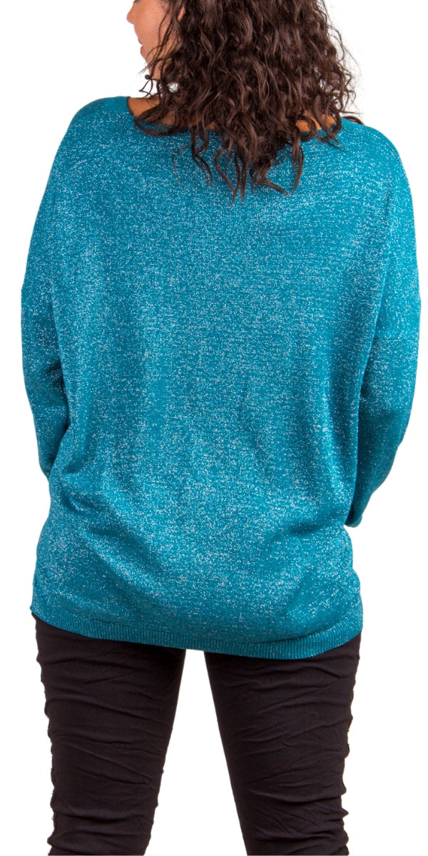 Shimmery Teal Lurex Knit Long Sleeve Top