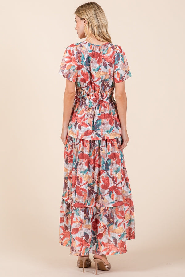 Falling Leaves Print Smocked Maxi Dress