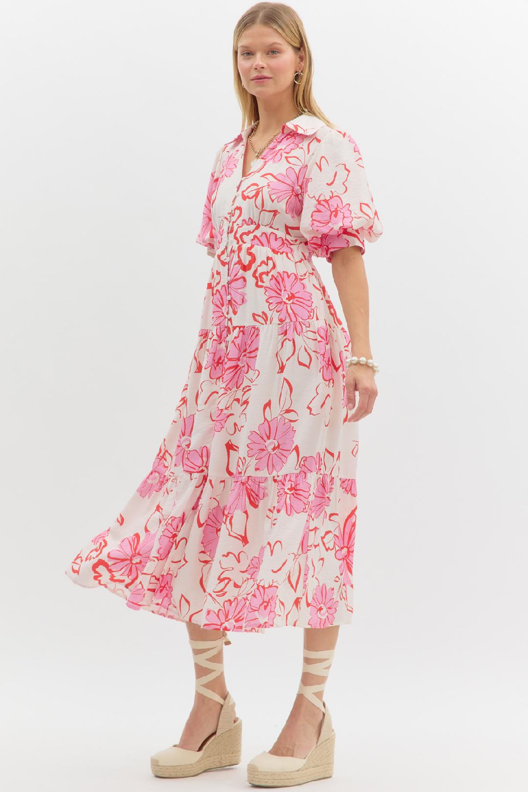 Floral Tiered Midi Dress – Pink & Red on Cream