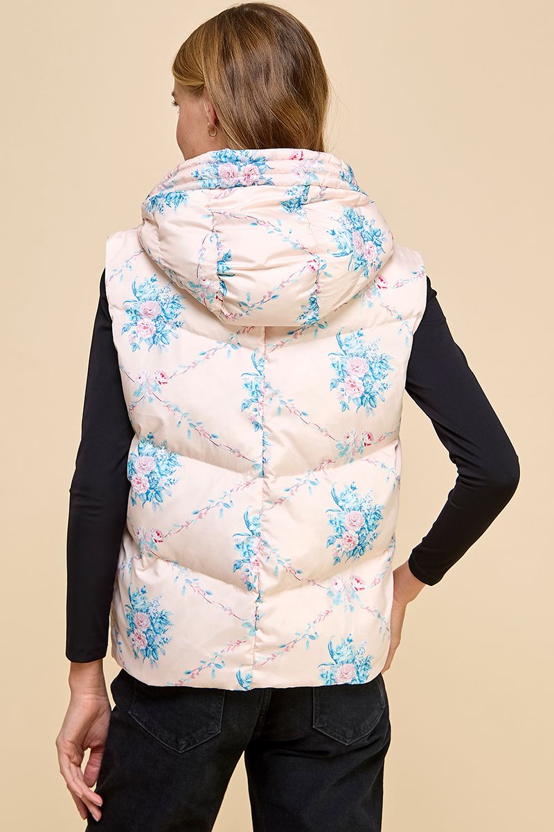 Floral Printed Light Pink Puffer Vest with Hood