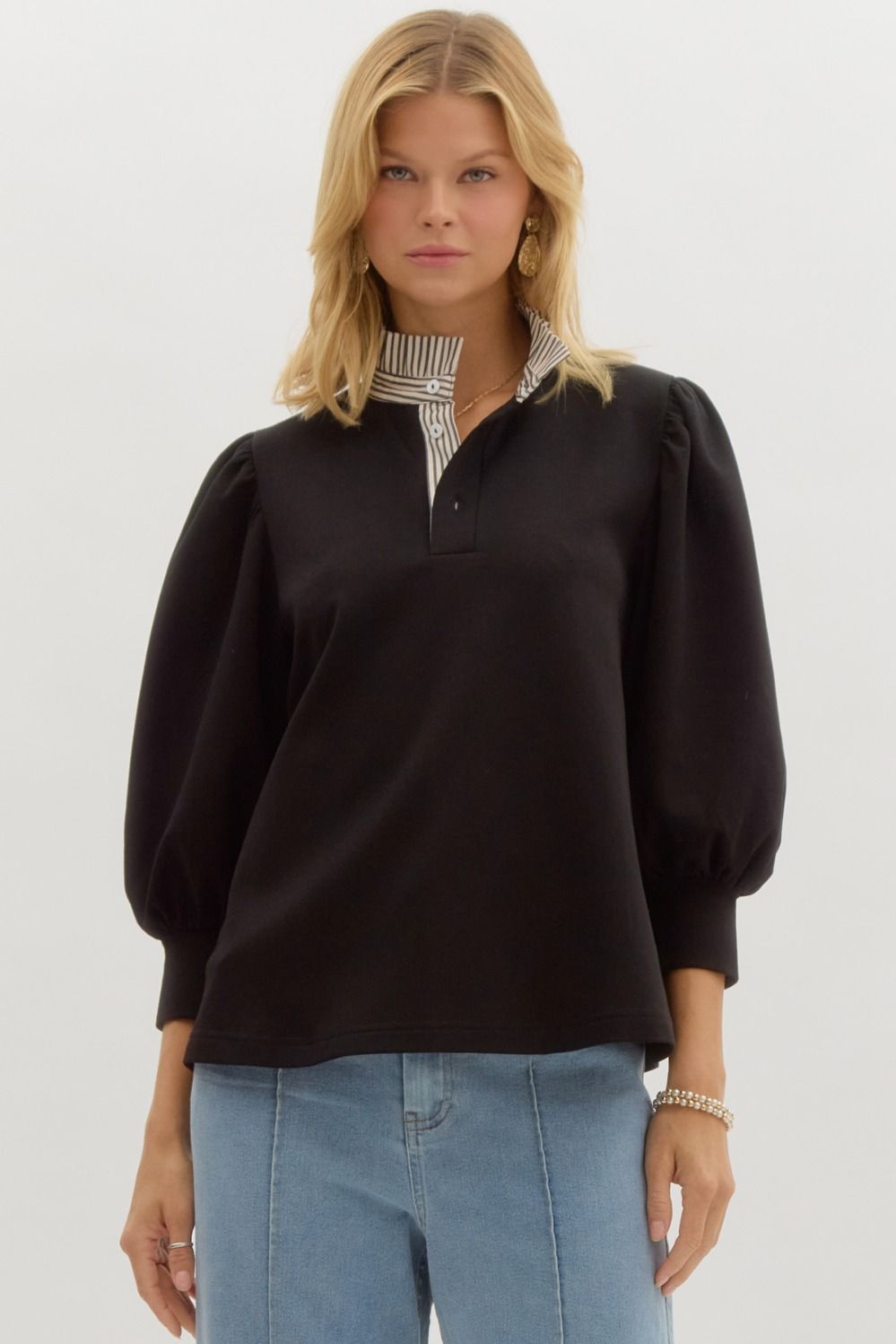 Black Top w/ Contrast Ruffle Neck