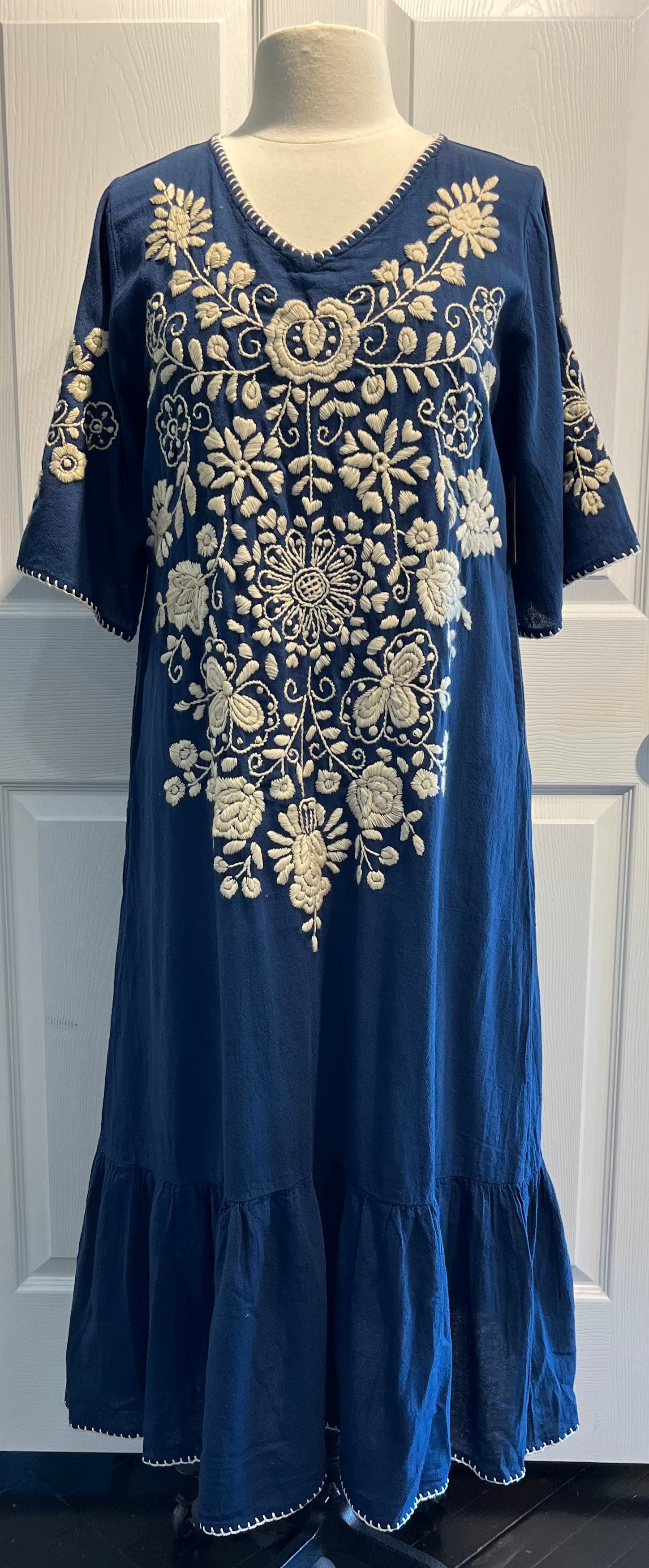 Navy Blue Cotton Embroidered Maxi Dress