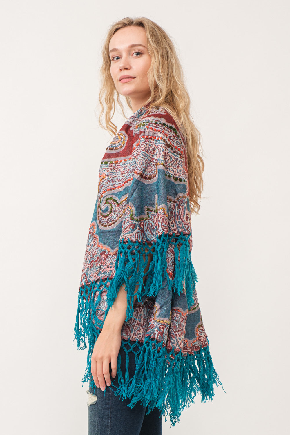 Teal w/ Multi Colors Embroidered Fringed Poncho Vest