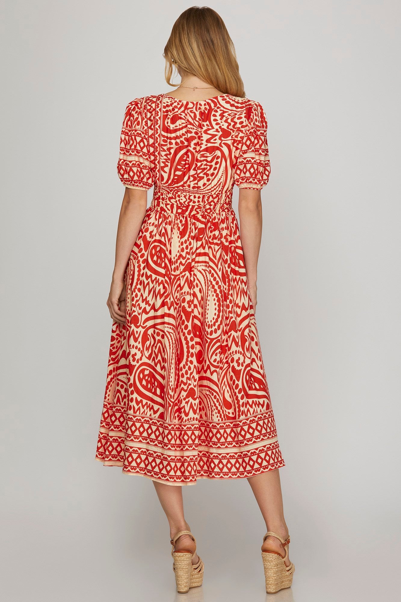 Red & Cream Border Print Midi Dress