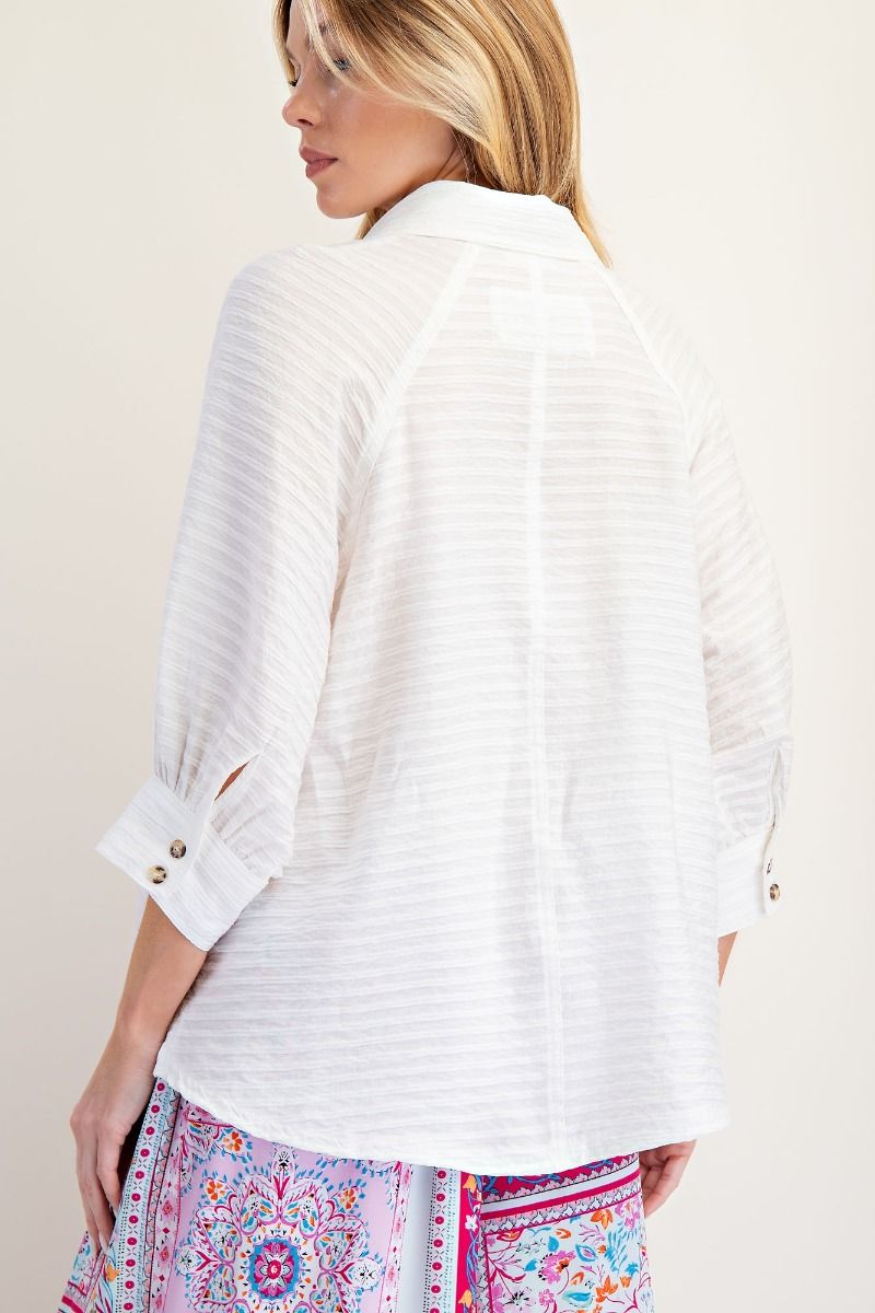 White Textured Woven Button Down Shirt