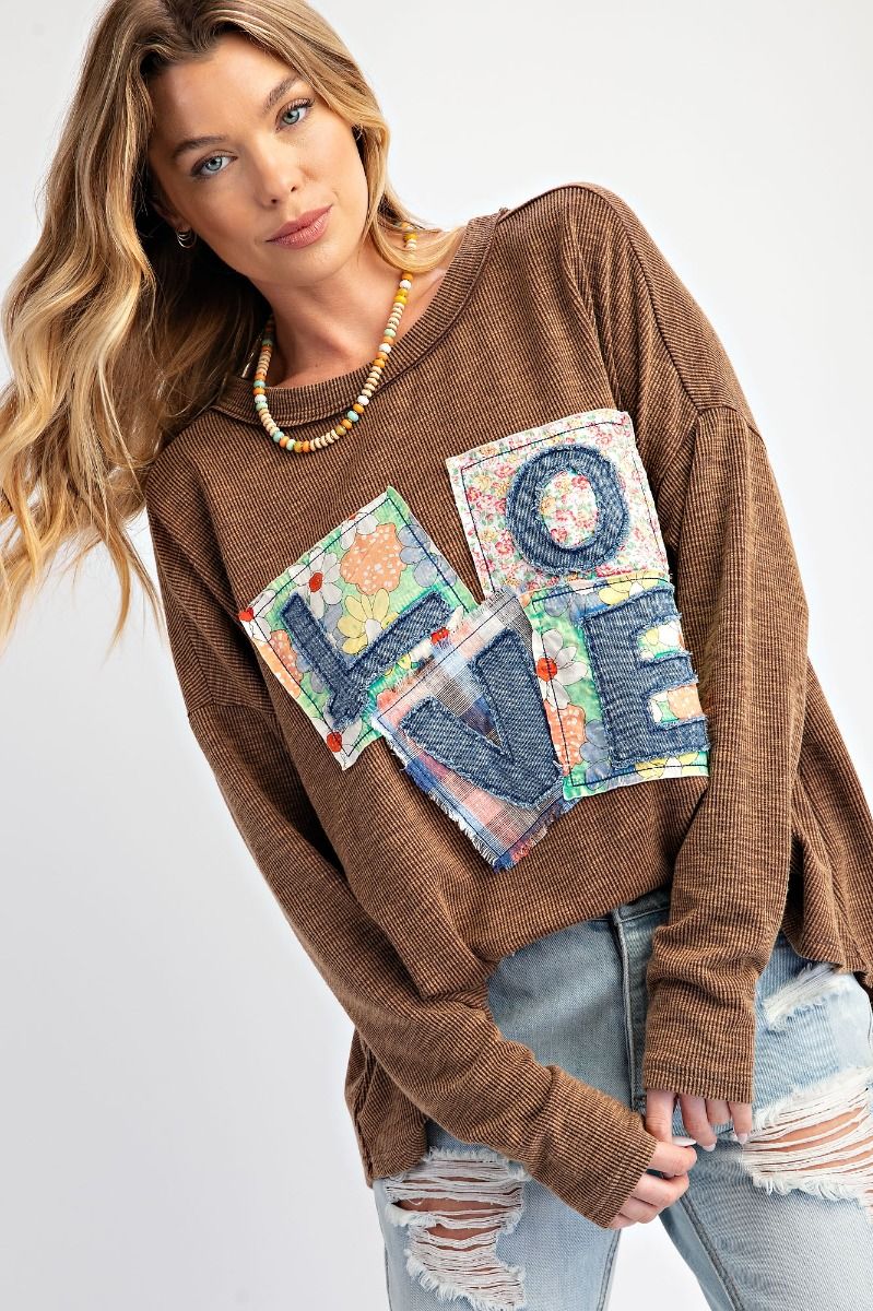 Mocha Love Patch Rib Knit Mineral Washed Top