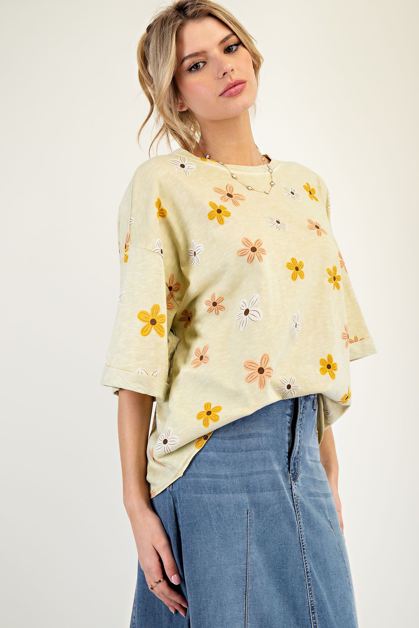 Sage Flower Printed Mineral Washed Top