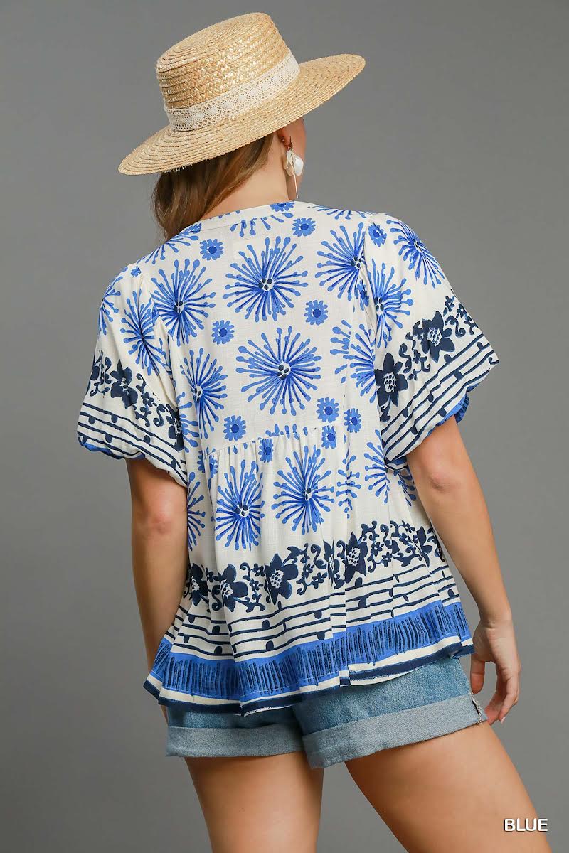 Blue Mixed Border Print Smocked Top