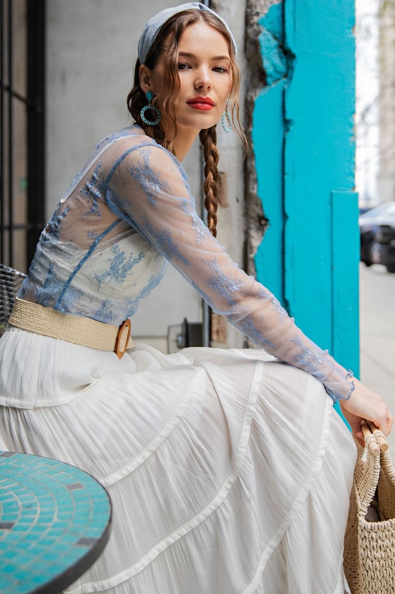 Sheer Denim Blue All Over Sheer Lace Top