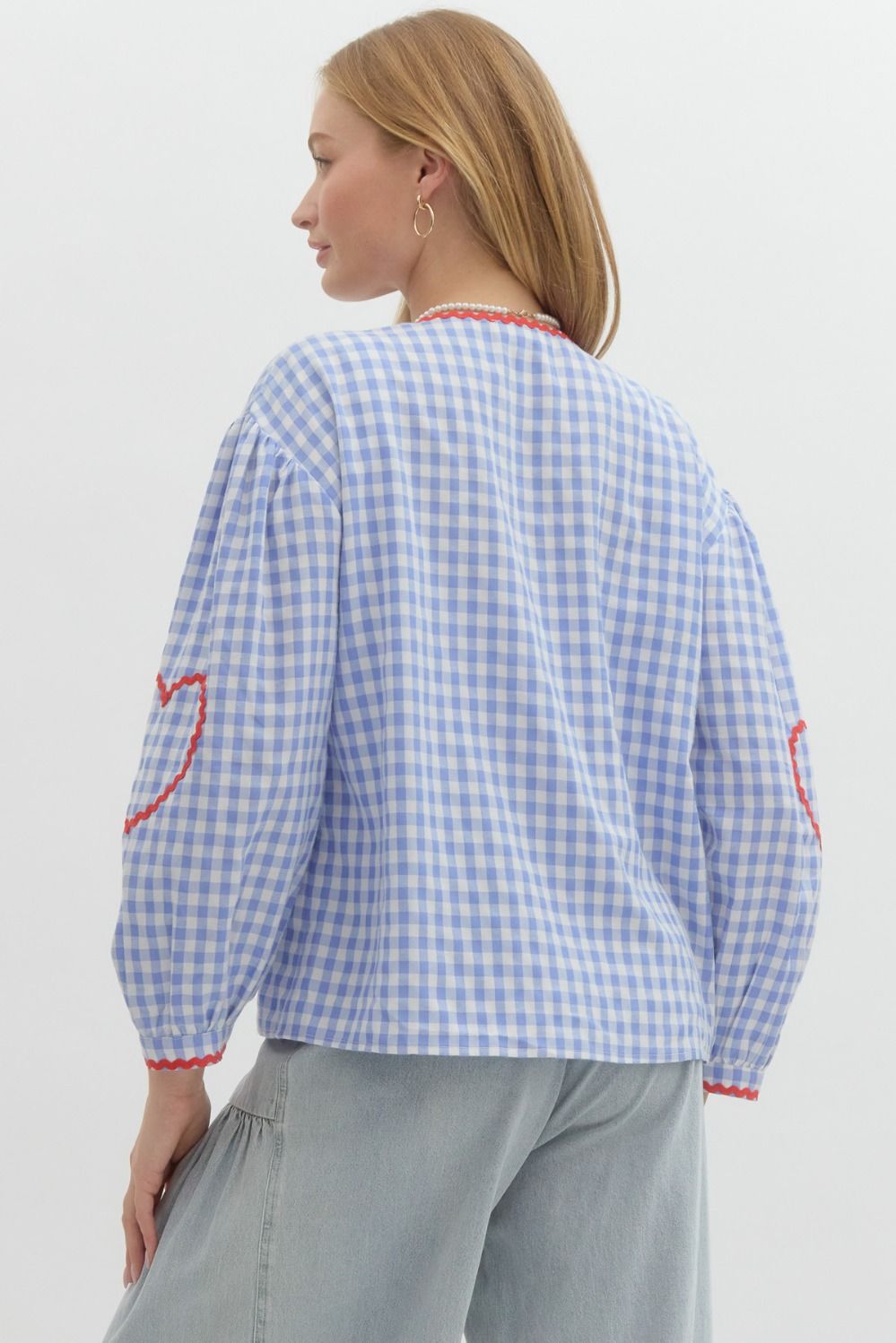 Gingham Long Sleeve Top with Heart Pockets & Ric Rac Trim