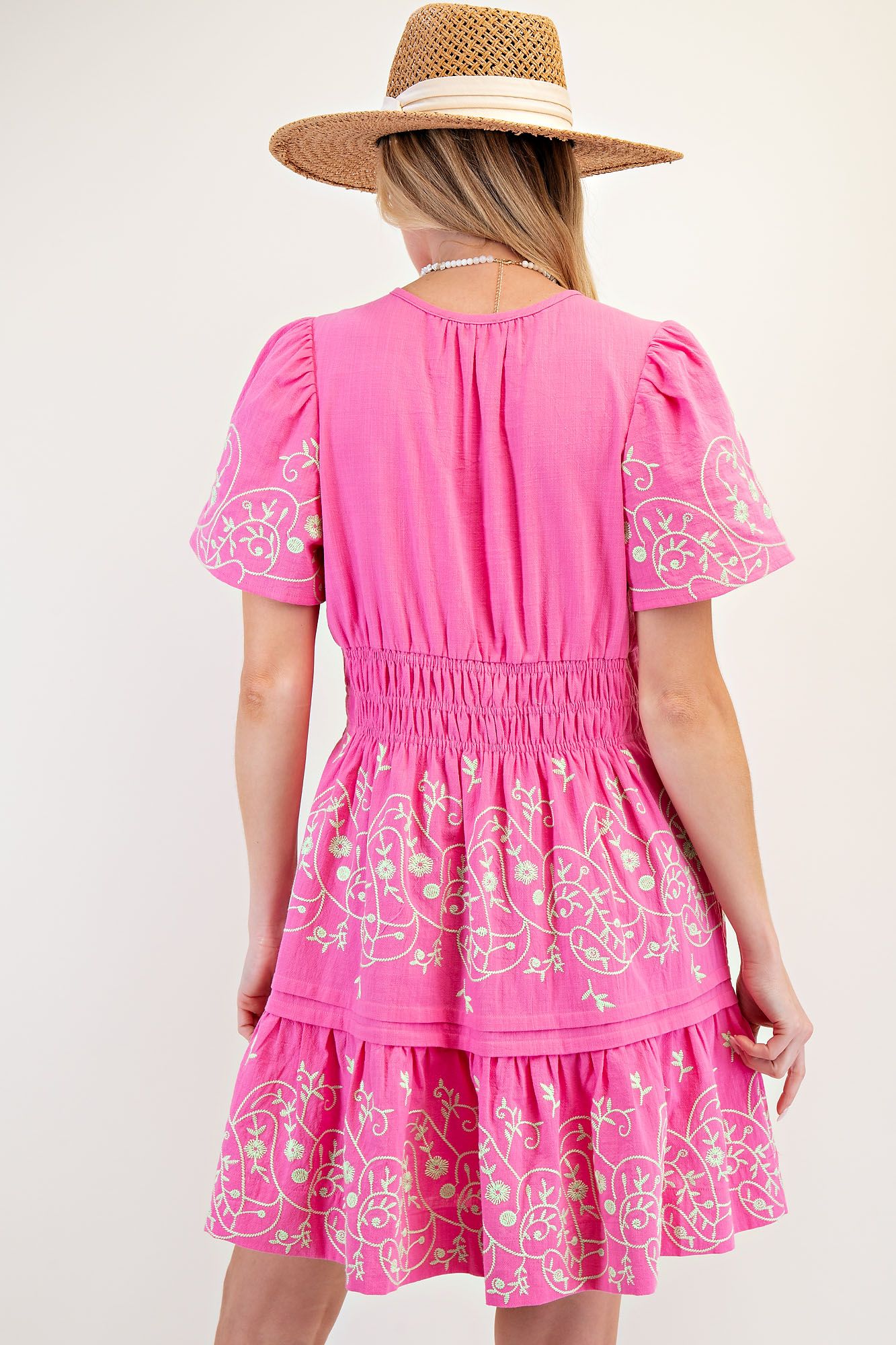 Bright Pink Cotton Dress w/ Cream Floral Embroidery