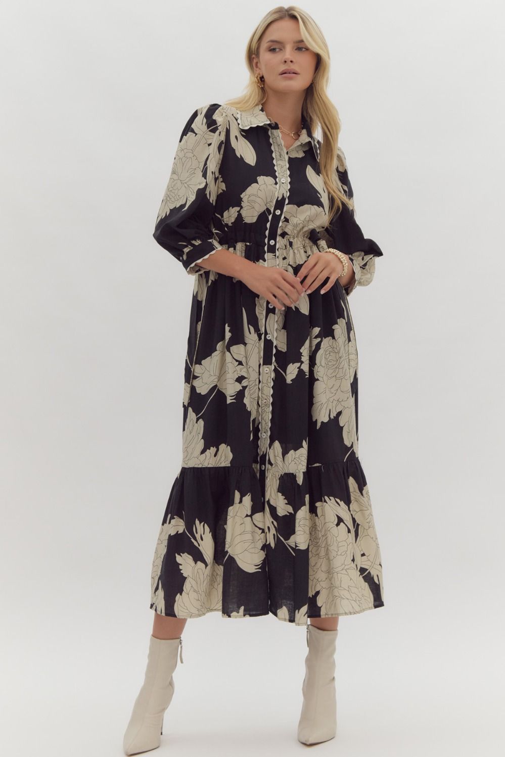 Black & Cream Floral Print Midi Dress