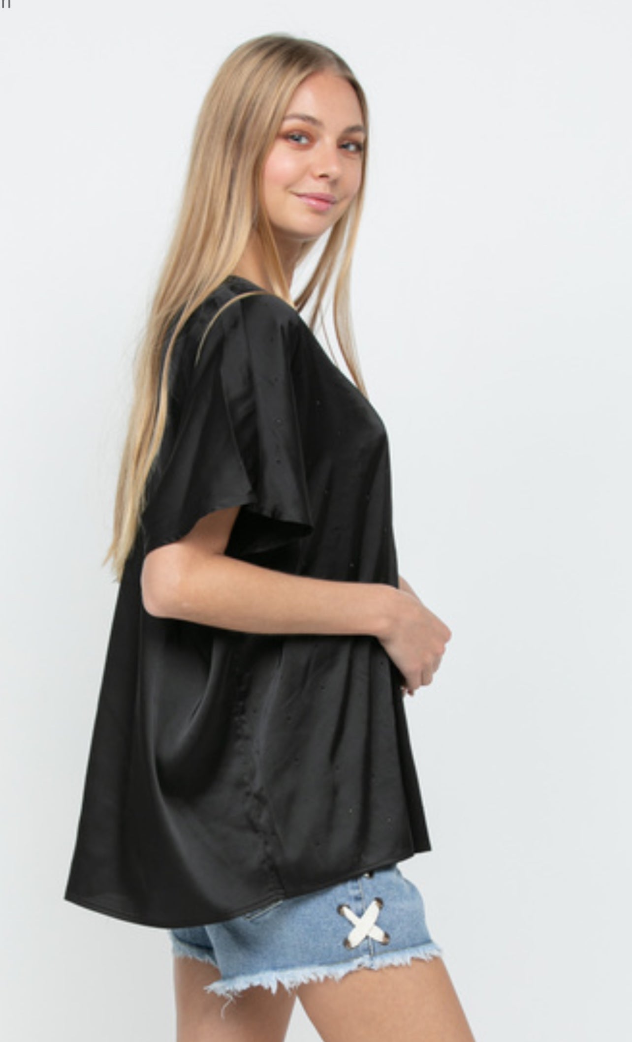 Black Satin Loose Fit Top w/ All Over Stones