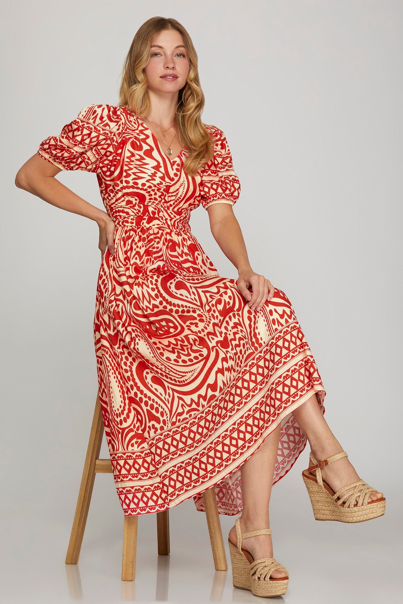 Red & Cream Border Print Midi Dress