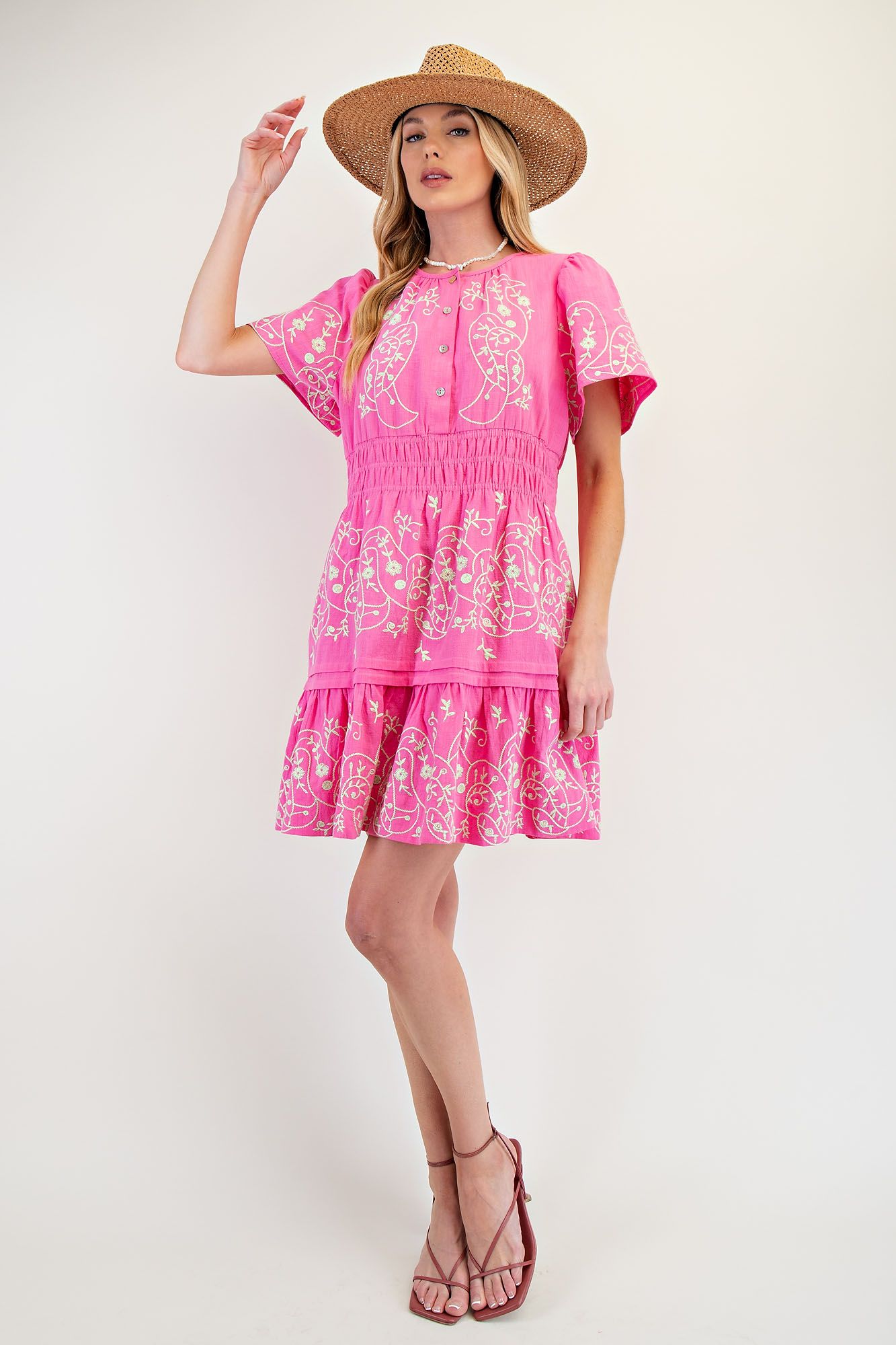 Bright Pink Cotton Dress w/ Cream Floral Embroidery