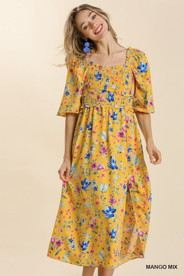 Mango Mix Floral Print Smocked Dress