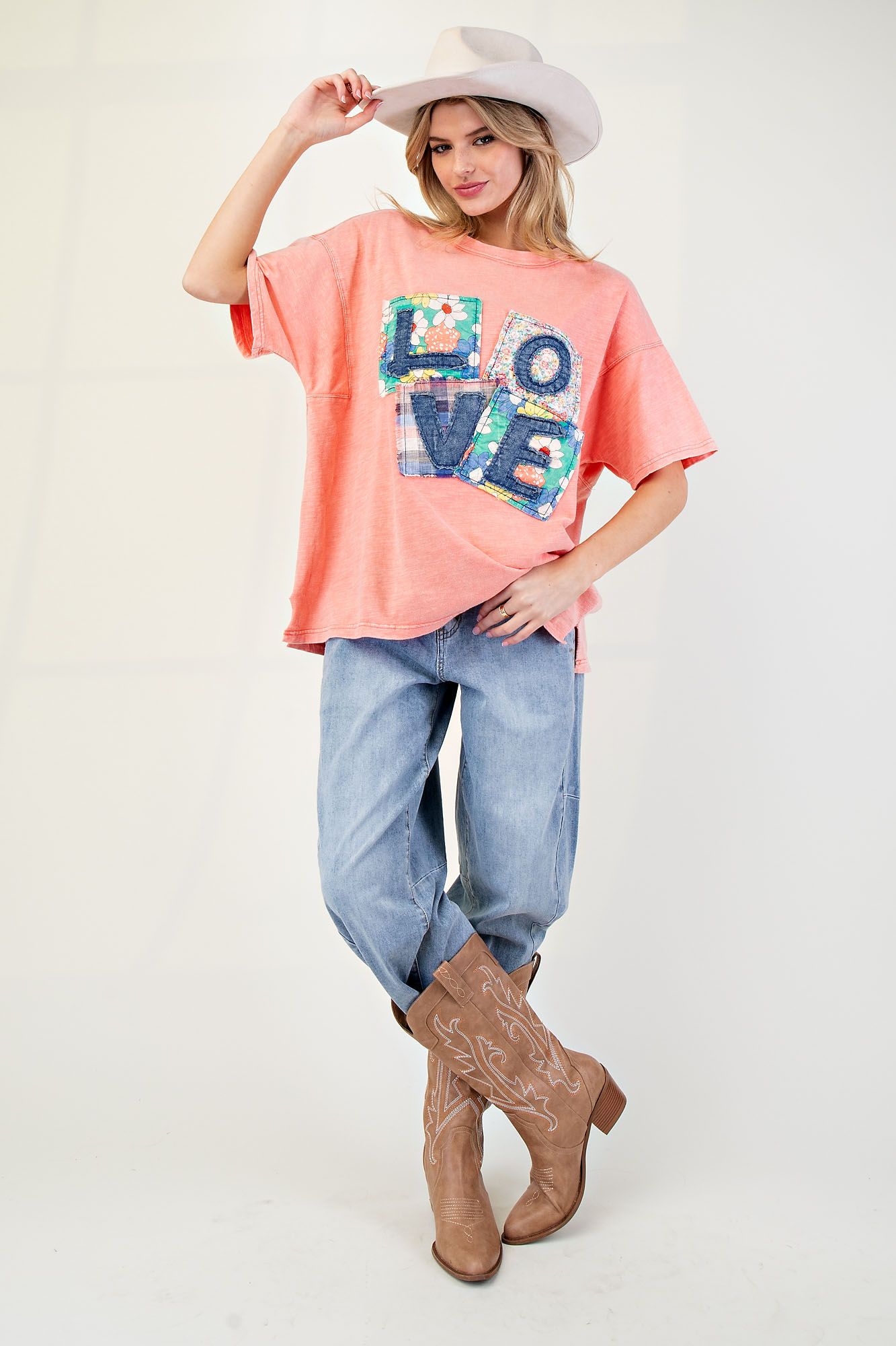 Love Patch Mineral Washed  Coral Cotton Slub Top